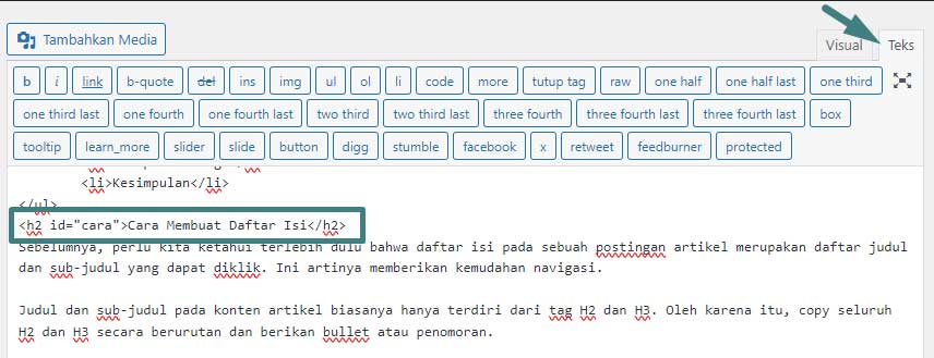 edit html dan berikan tag id pada judul