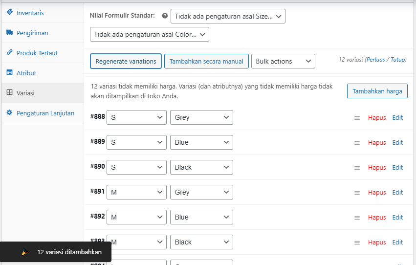 isi warna dan ukuran produk di toko online