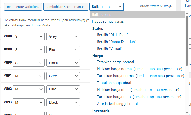cara edit massal variasi produk di woocommerce