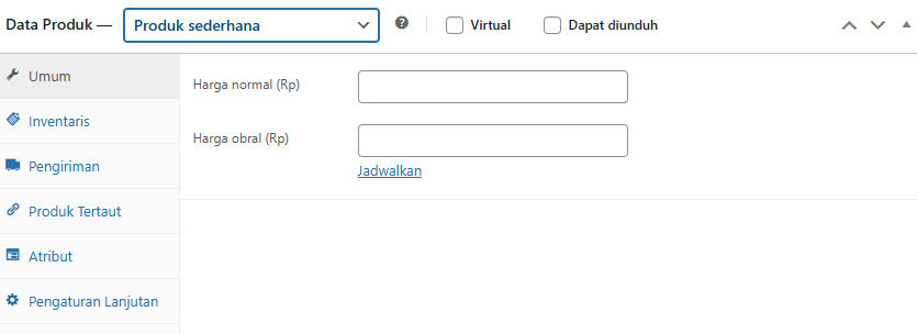 isi harga produk dan berat kirim di toko online woocommerce