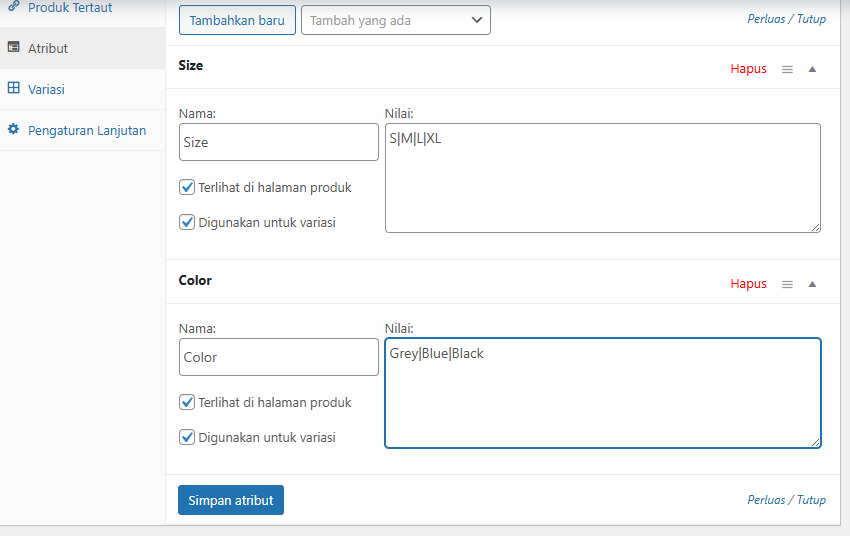 cara bikin atribut produk di toko online woocommerce